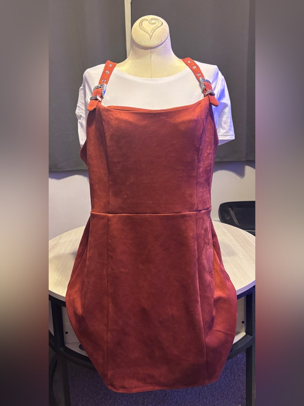 As U Wish Rust Red Suede Pinafore Mini Dress